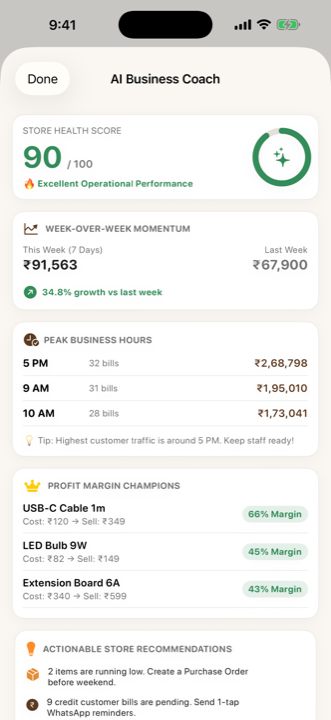 The business coach screen with a store health score